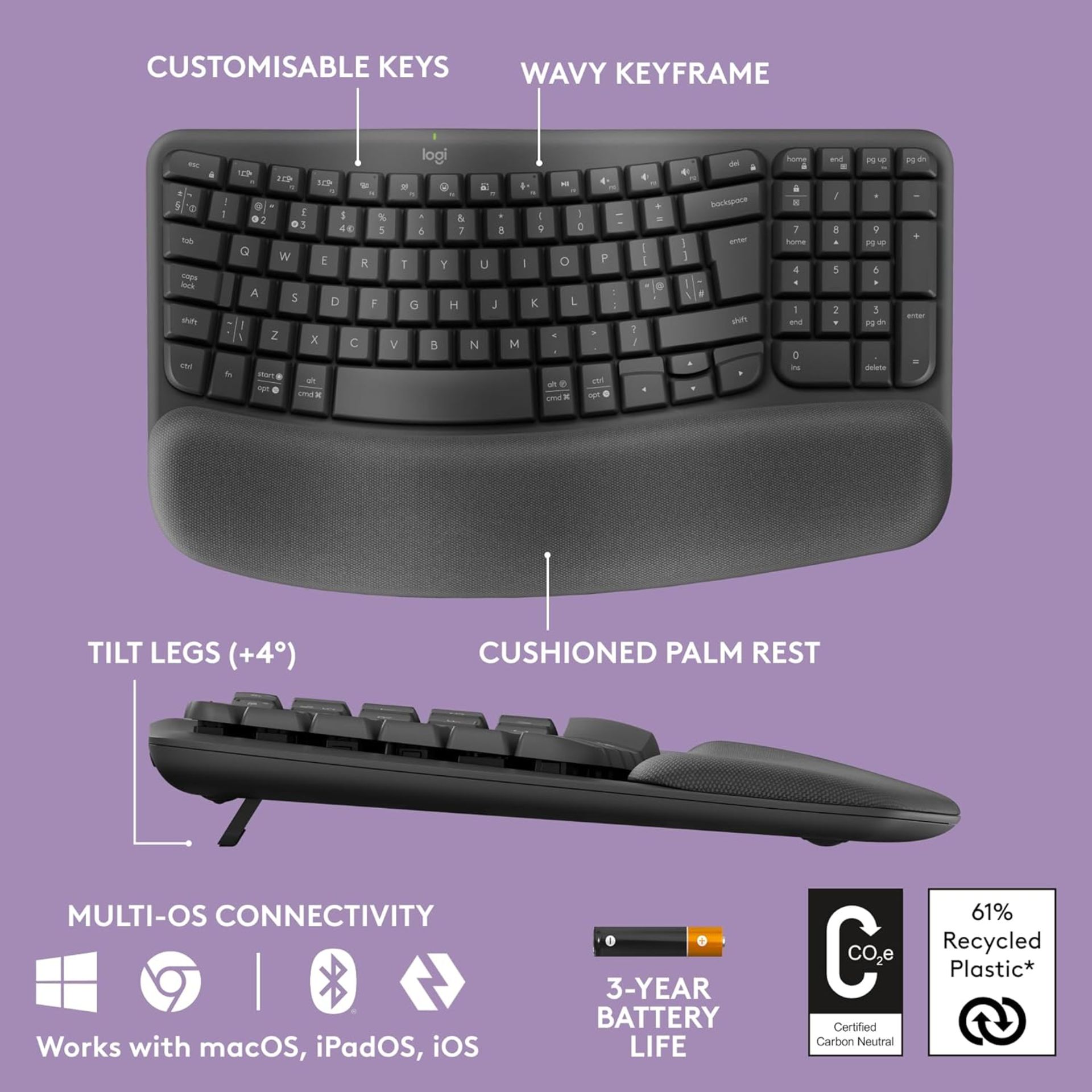 2x BRAND NEW LOGITECH Wave Keys Wireless Ergonomic Keyboard – GRAPHITE. RRP £69.99 EACH. Feel the - Image 6 of 9