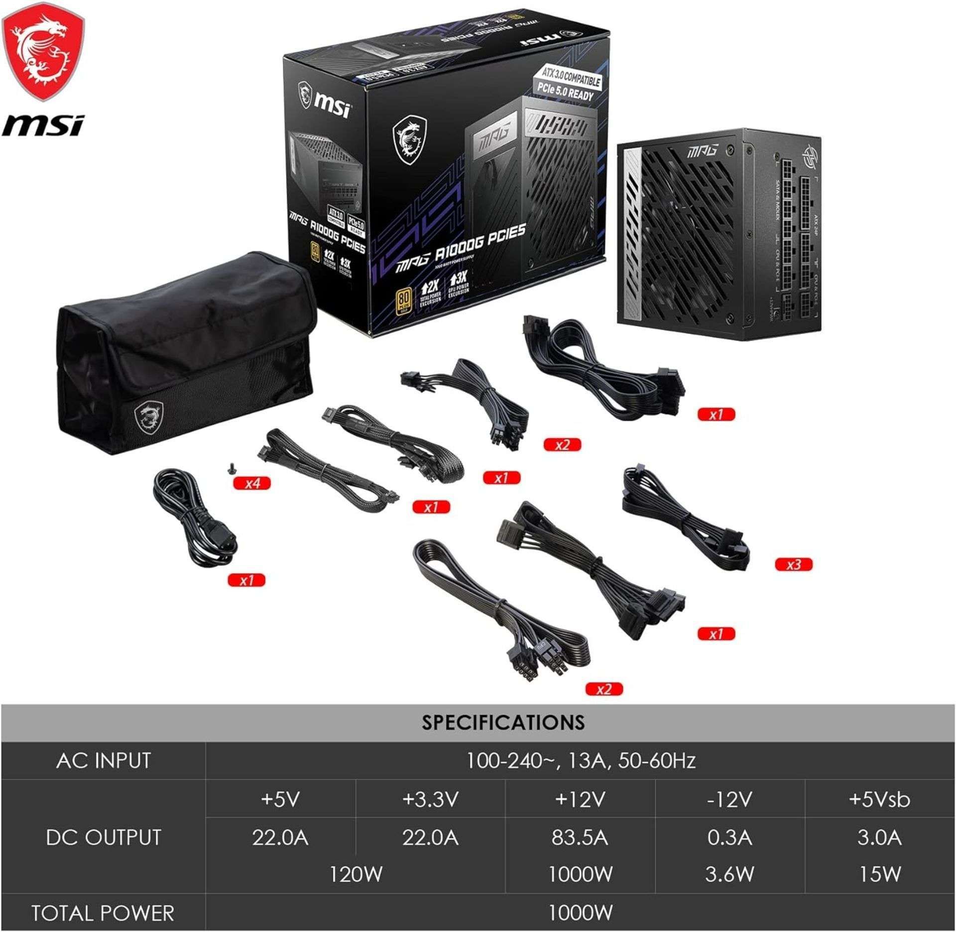 NEW & BOXED MSI MPG A1000G PCIE5 80 Plus Gold Fully Modular Power Supply. RRP £149.97. 1000W, 80 - Bild 7 aus 7