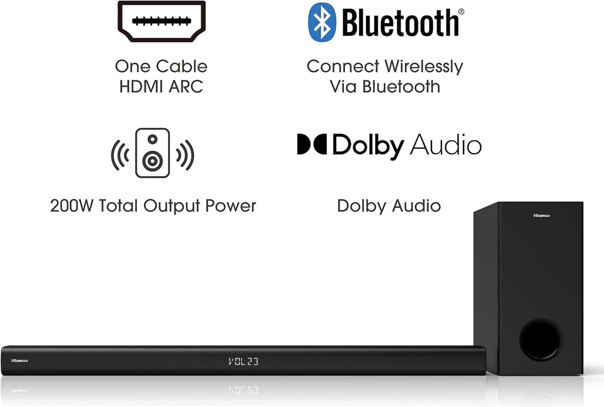 BRAND NEW FACTORY SEALED Hisense HS218 2.1ch 200w Sound Bar with Wireless Subwoofer. RRP £169. ( - Bild 5 aus 9