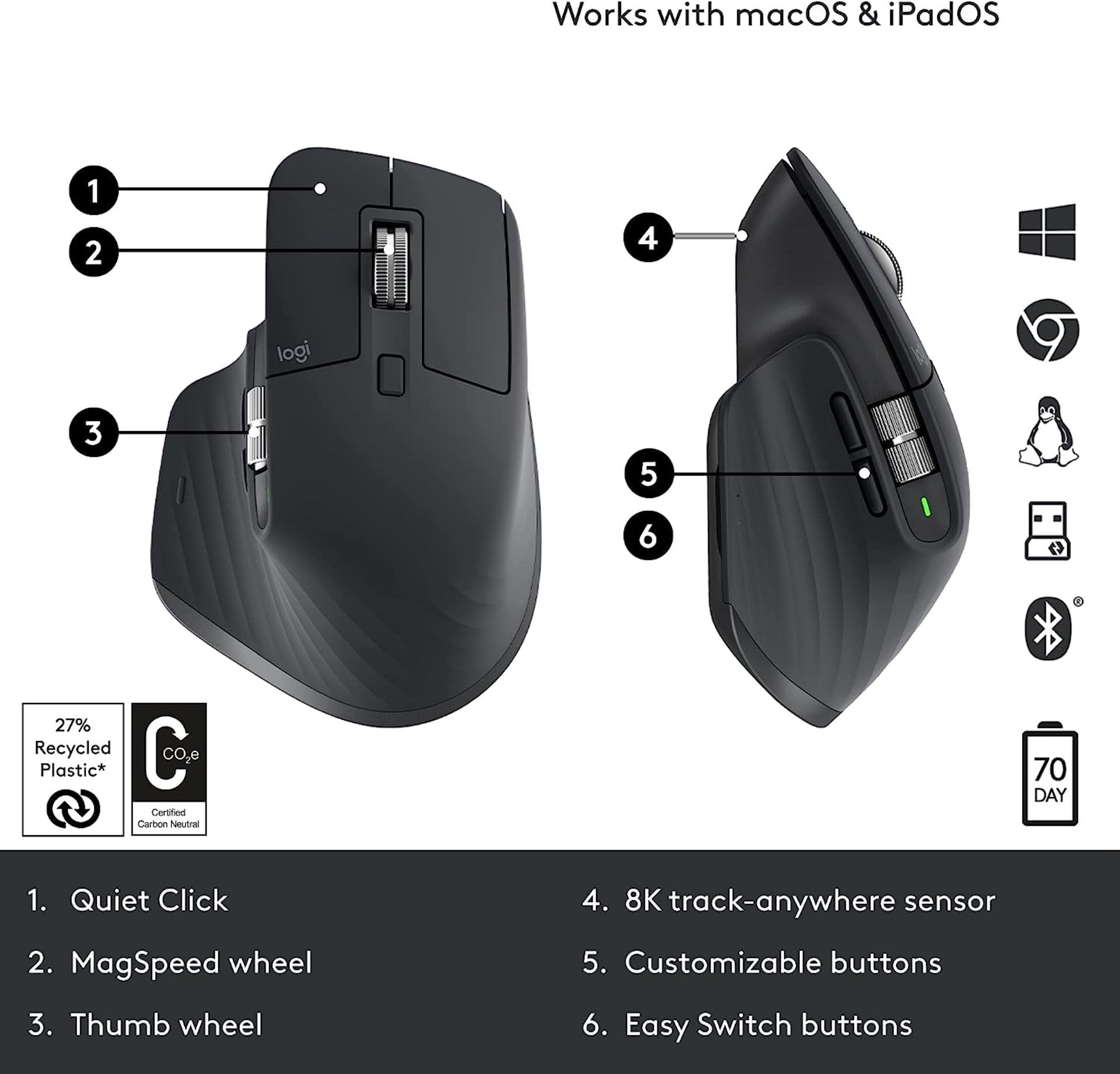 LOGITECH MX Master 3S - Wireless Performance Mouse - PALE GREY. RRP £119. Any Surface Tracking - - Bild 5 aus 10