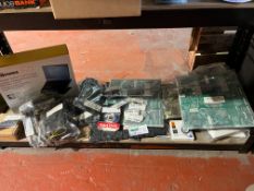 MIXED TECH LOT ON 1 SHELF INCLUDING SCAN DISK, MOTHERBOARDS, LAPTOP RISER ETC P4