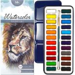 TRADE LOT 100 X BRAND NEW MOZART 24 COLOURS WATERCOLOUR PAINT SET WITH BRUSH R9B2/12.9