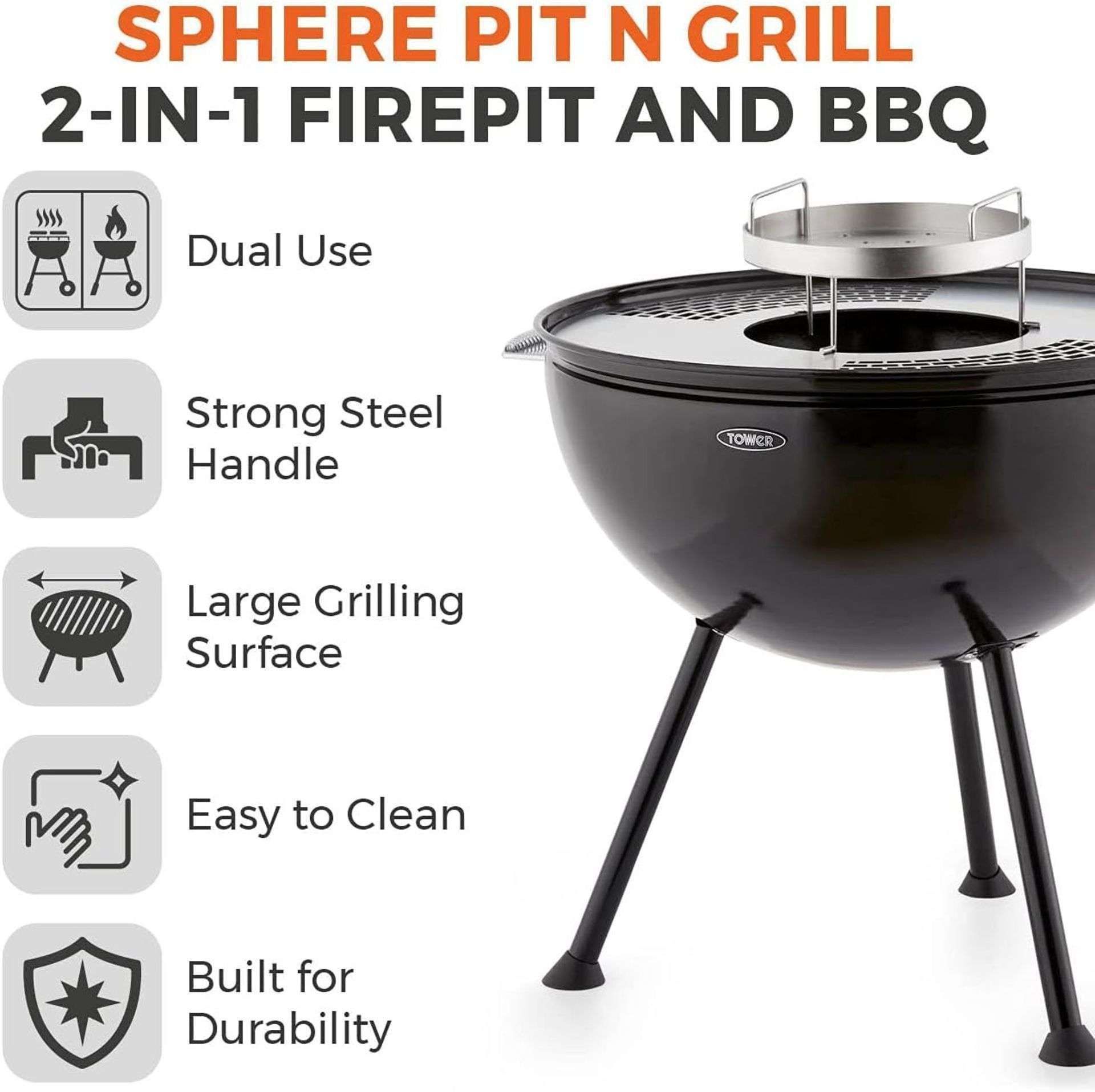 New & Boxed Tower Sphere Fire Pit and BBQ Grill, Black. (VQ577). DUAL USE â€“ This multi- - Image 2 of 5