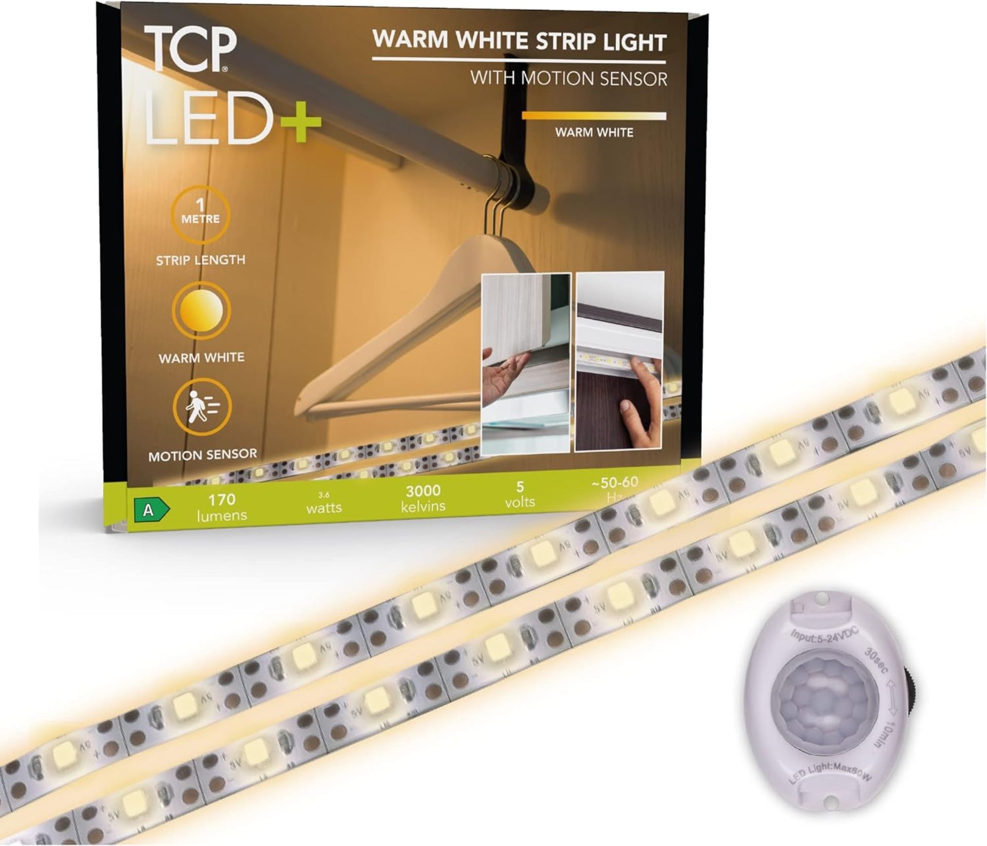 100 x Brand New TCP LED Plus Strip Light PIR 3000K Battery 1 Metre, Warm White With Motion Sensor (