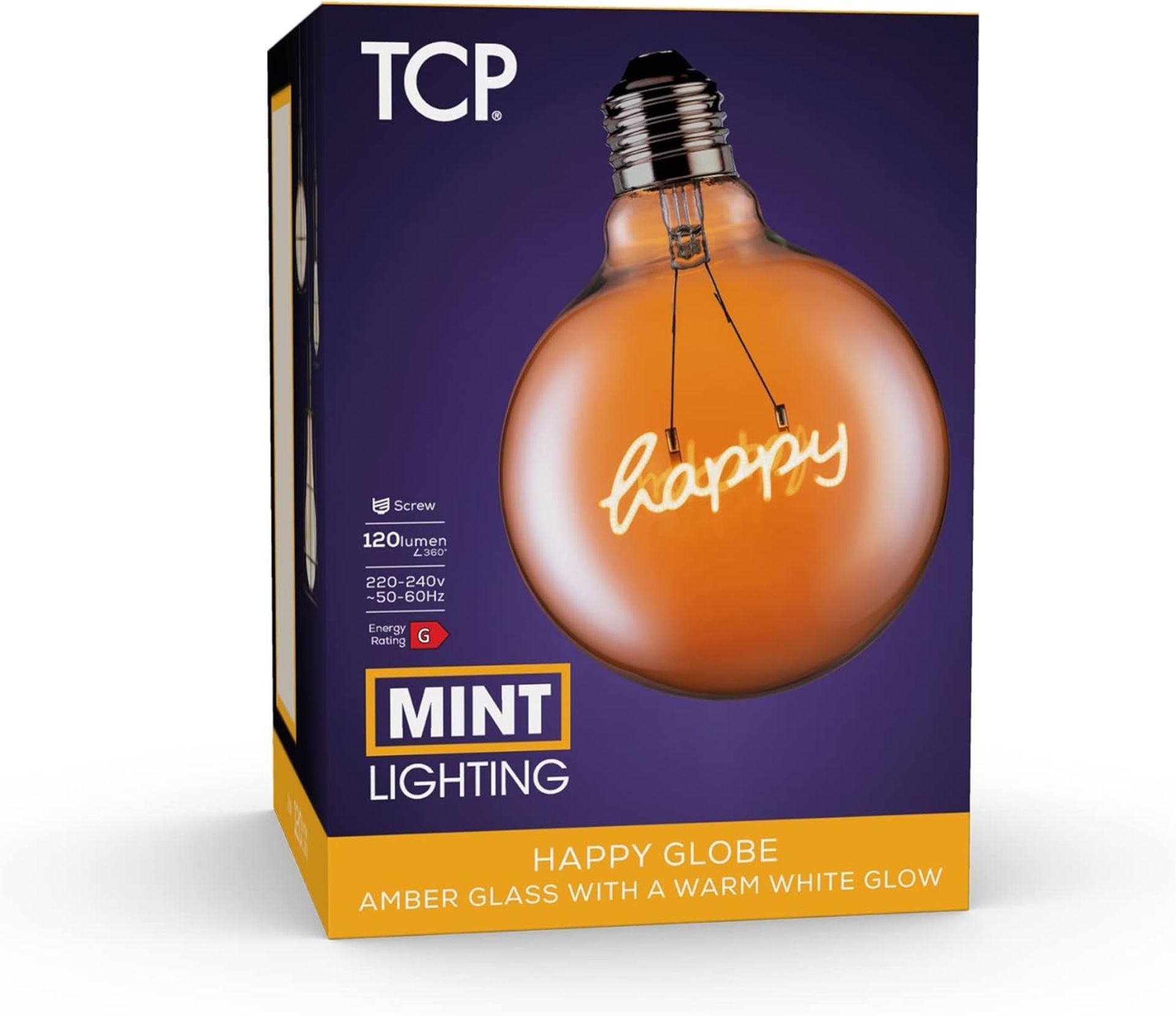 50 X Brand new TCP 120L E27 G125 Happy Globe LED Warm White Light Bulb, Clear rrp £26 Each (