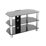 2 x NEW LIVING GLASS TV STANDS. BLACK TEMPERED GLASS WITH STAINLESS STEEL LEGS. EASY TO ASSEMBLE.