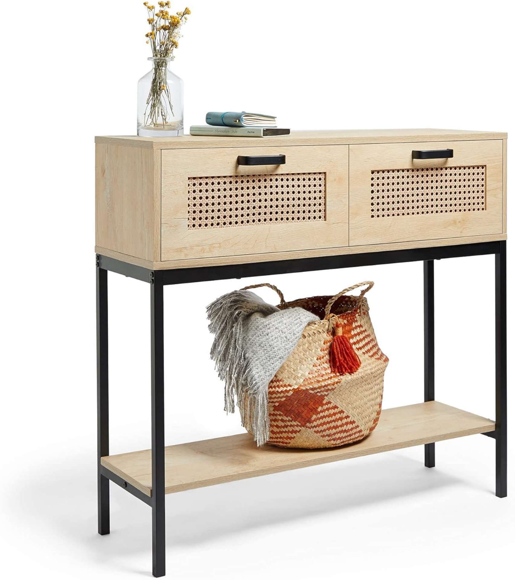 2 X BRAND NEW RATTAN CONSOLE TABLES, LIGHT WOOD EFFECT NORDIC SCANDI STYLE STORAGE CABINET RRP £