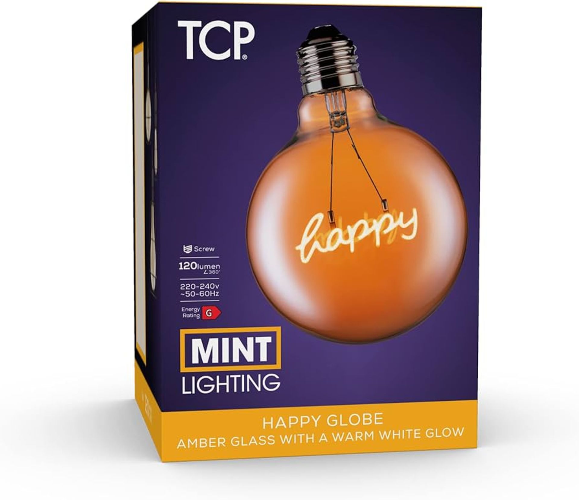 50 X Brand new TCP 120L E27 G125 Happy Globe LED Warm White Light Bulb, Clear rrp £26 Each (