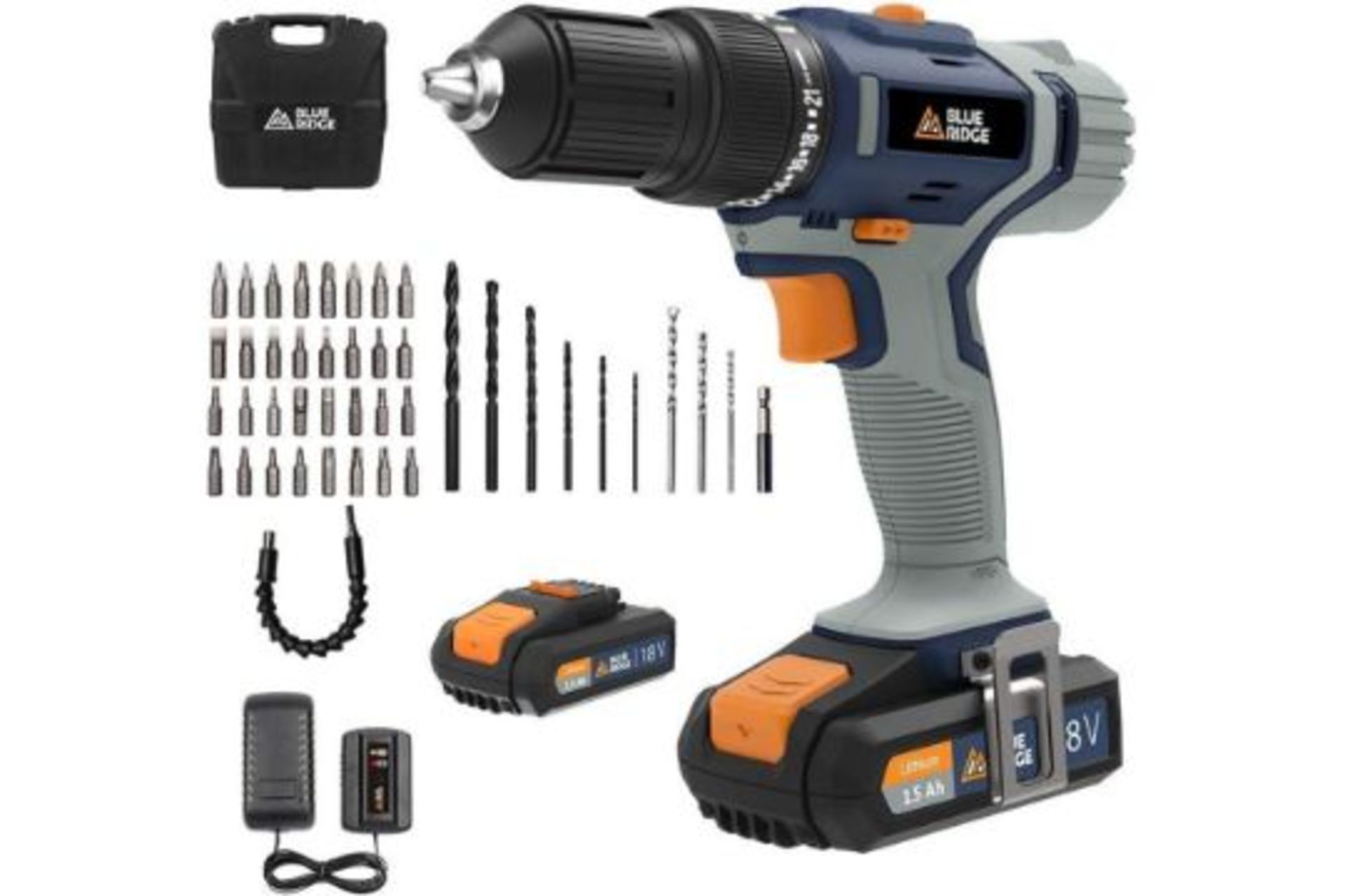 NEW & BOXED BLUE RIDGE 18V Cordless Hammer Drill with 2 x 1.5 Ah Li-ion