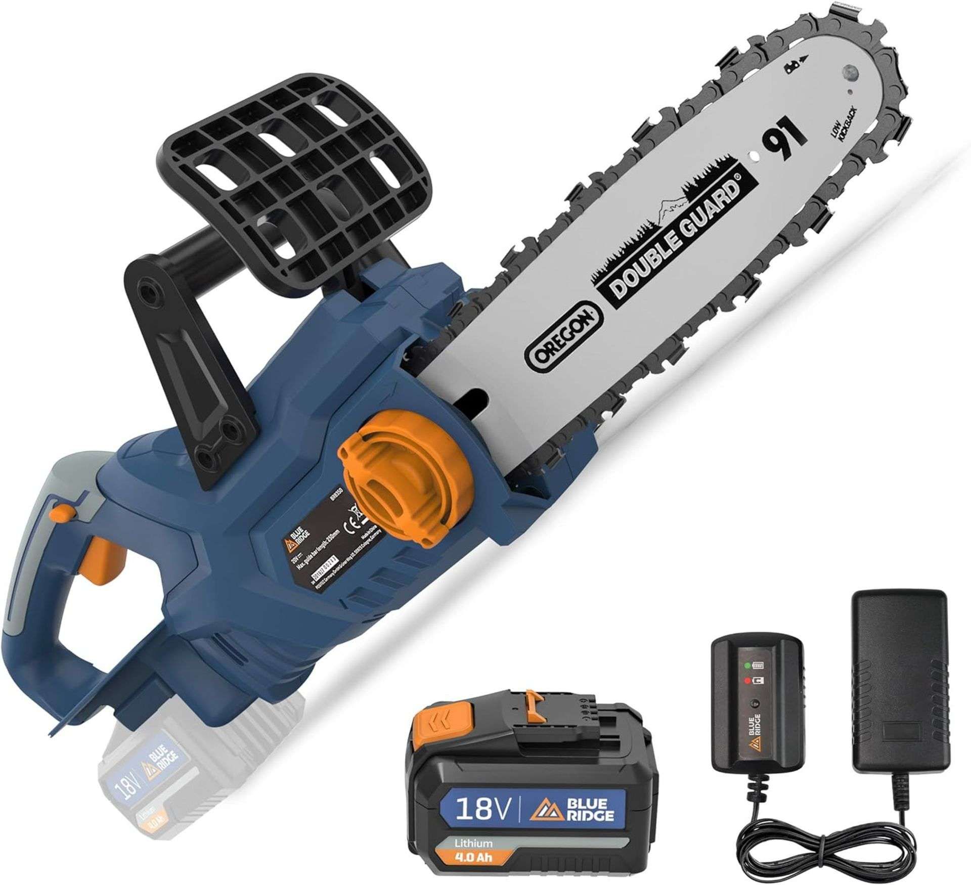 TRADE LOT 5 X NEW & BOXED BLUE RIDGE 25CM 18V Chainsaw with 4.0 Ah Li-ion Battery. RRP £119 EACH.