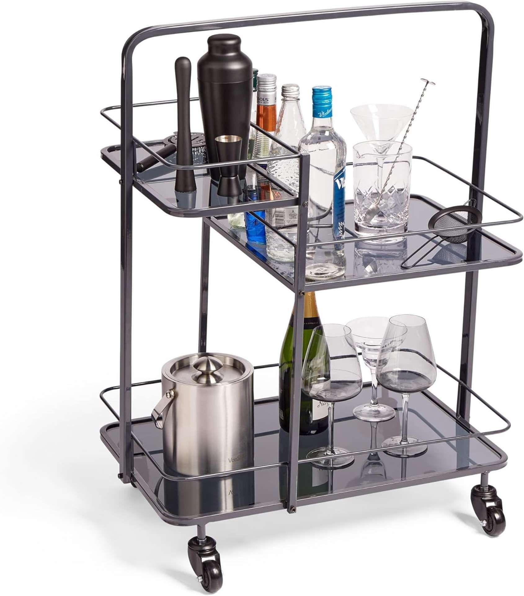 2 X BRAND NEW GRAPHITE DRINKS TROLLEY, 3 TIER STORAGE TROLLEY ON WHEELS RRP £99 EACH (1000353) R16.