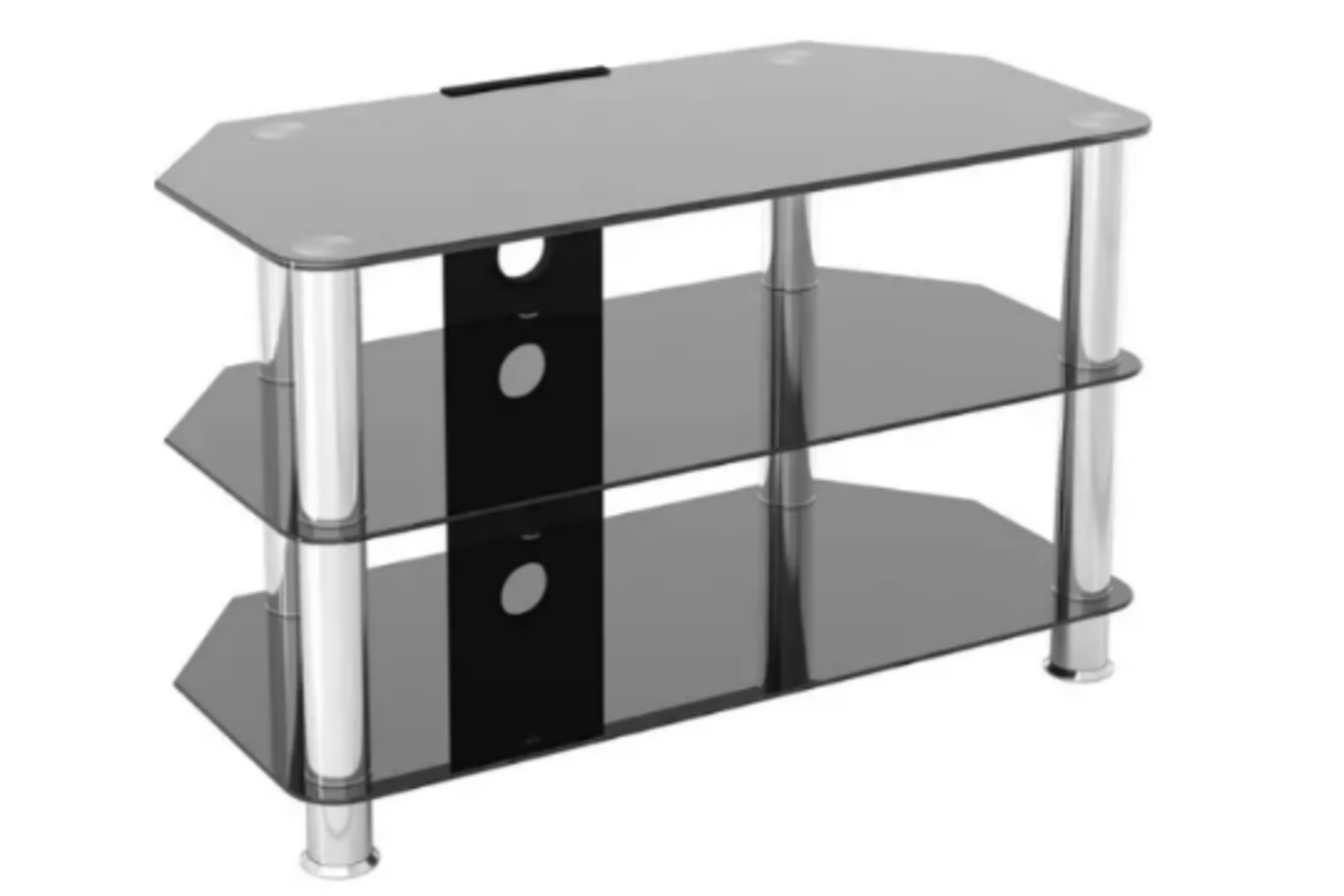 TRADE LOT 10 x NEW LIVING GLASS TV STANDS. BLACK TEMPERED GLASS WITH STAINLESS STEEL LEGS. EASY TO