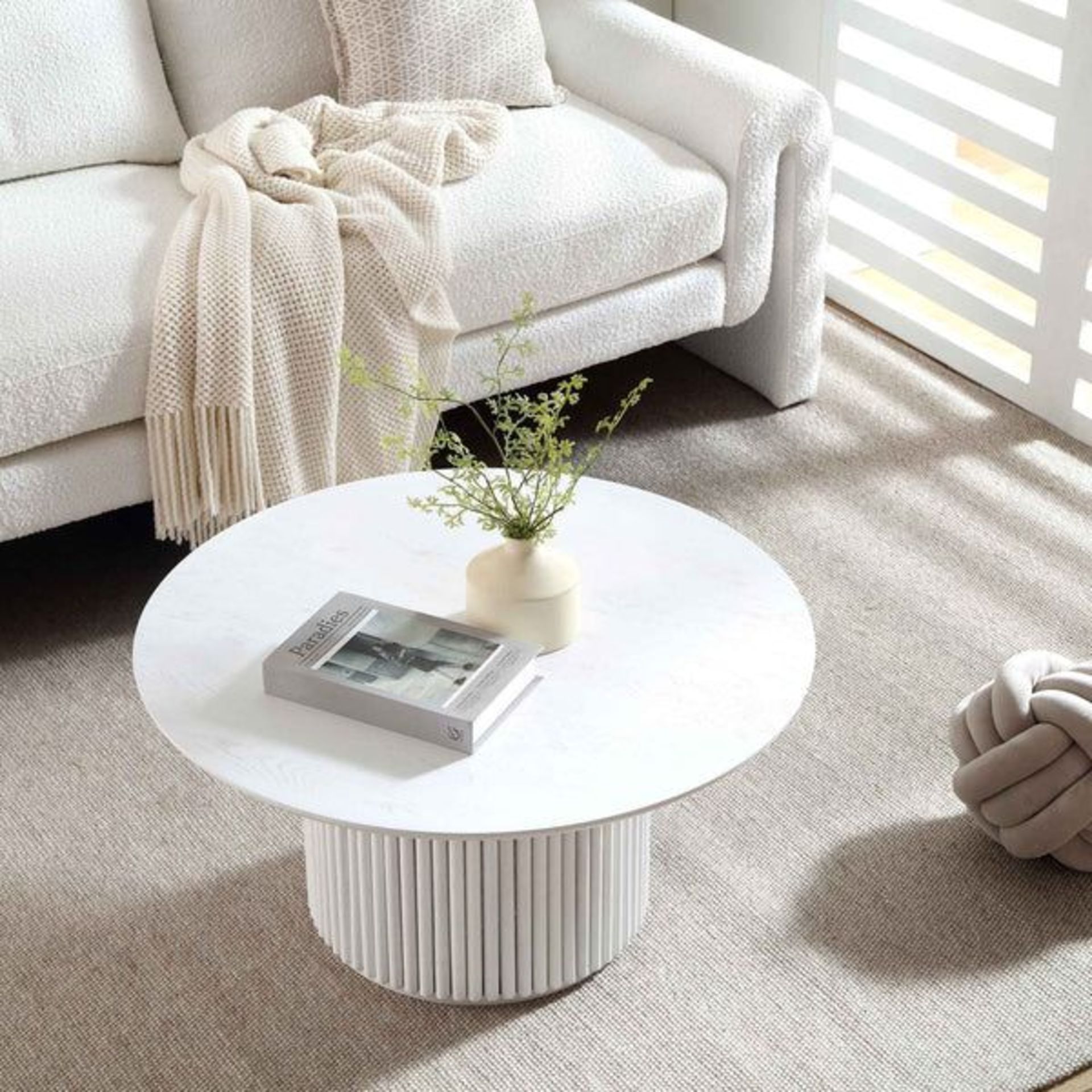 Maru Round Oak Pedestal Coffee Table, Washed White. - ER20. RRP £219.99. Meet the new addition to