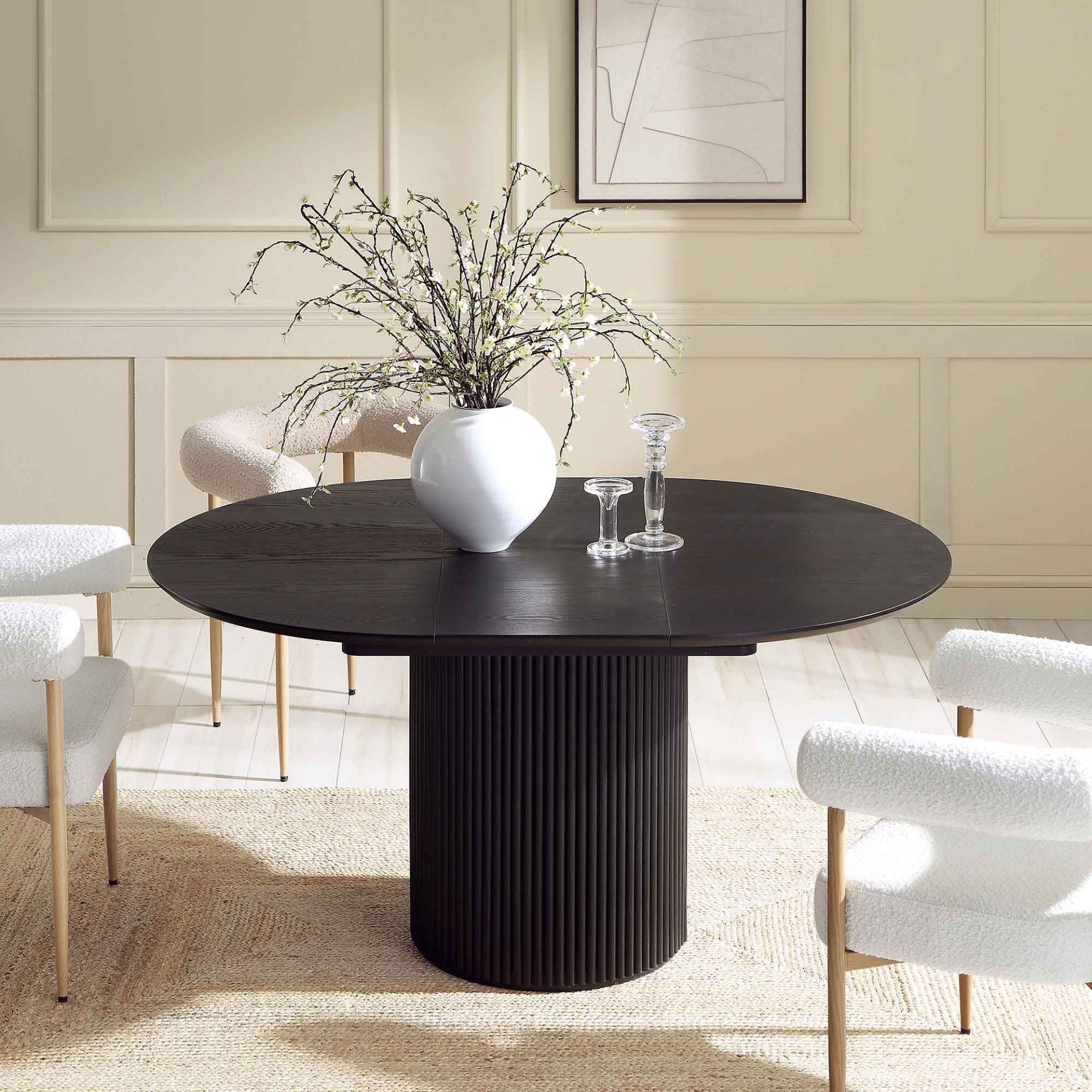 Maru Round 4-6 Seater Extending Oak Pedestal Dining Table, Black. - ER20. RRP £629.99. Our Maru