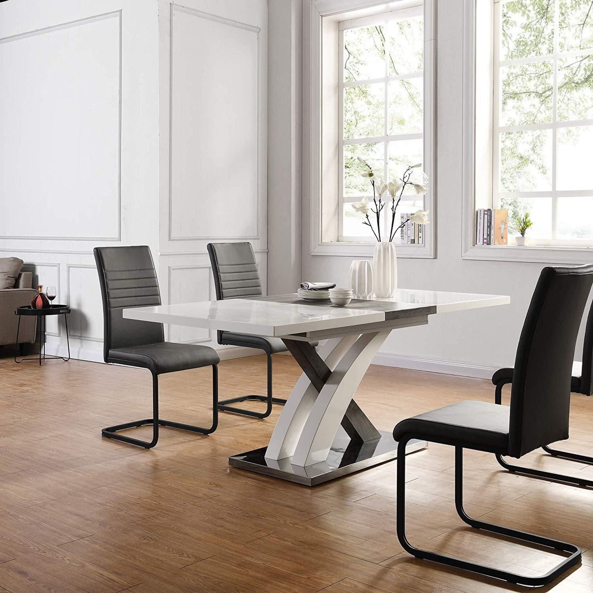 BASEL High Gloss White Extendable Dining Table 6 to 8-Seater with Stainless Steel Base. -ER25.
