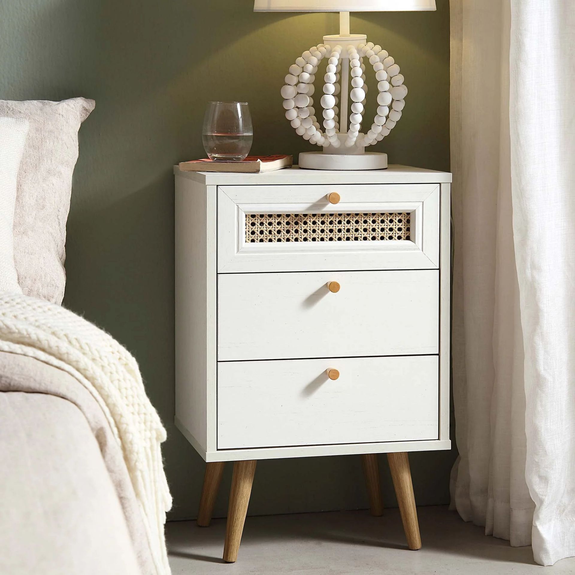 Anya Woven Rattan 3-Drawer Bedside Table in White. - ER25. RRP £139.99. Our Anya bedside table is