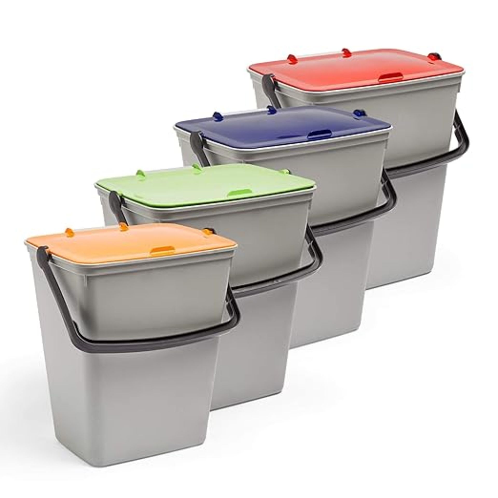 Recycling Bins for Kitchen Set of Four, 4 x 15L Colour-Coded Waste & Recycle Bins w/Handle &