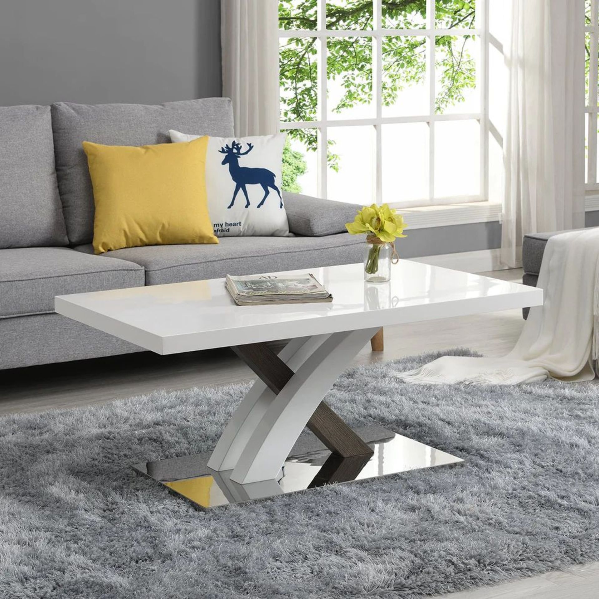 Basel High Gloss White Coffee Table with Stainless Steel Base. - ER23. RRP £199.99. The white glossy