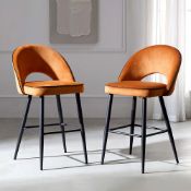 Oakley Set of 2 Orange Velvet Upholstered Counter Stools with Contrast Piping. - ER20. RRP £239.