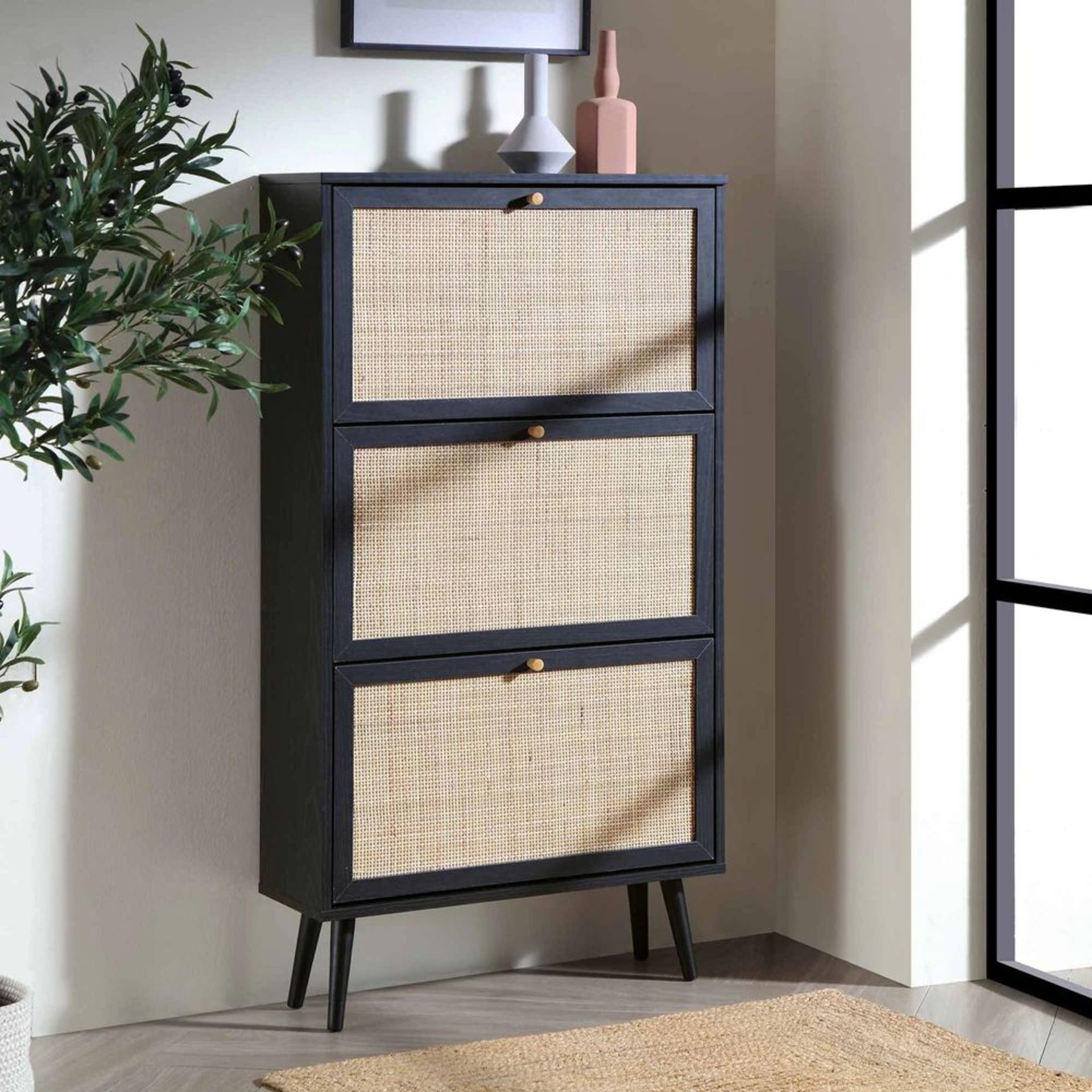 Frances Rattan 3 Tier Shoe Storage Cabinet, Black. - ER23. RRP £239.99. Crafted from natural
