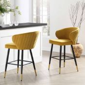 Langham Set of 2 Mustard Velvet Upholstered Carver Counter Stools. - ER29. RRP £259.99. Newly