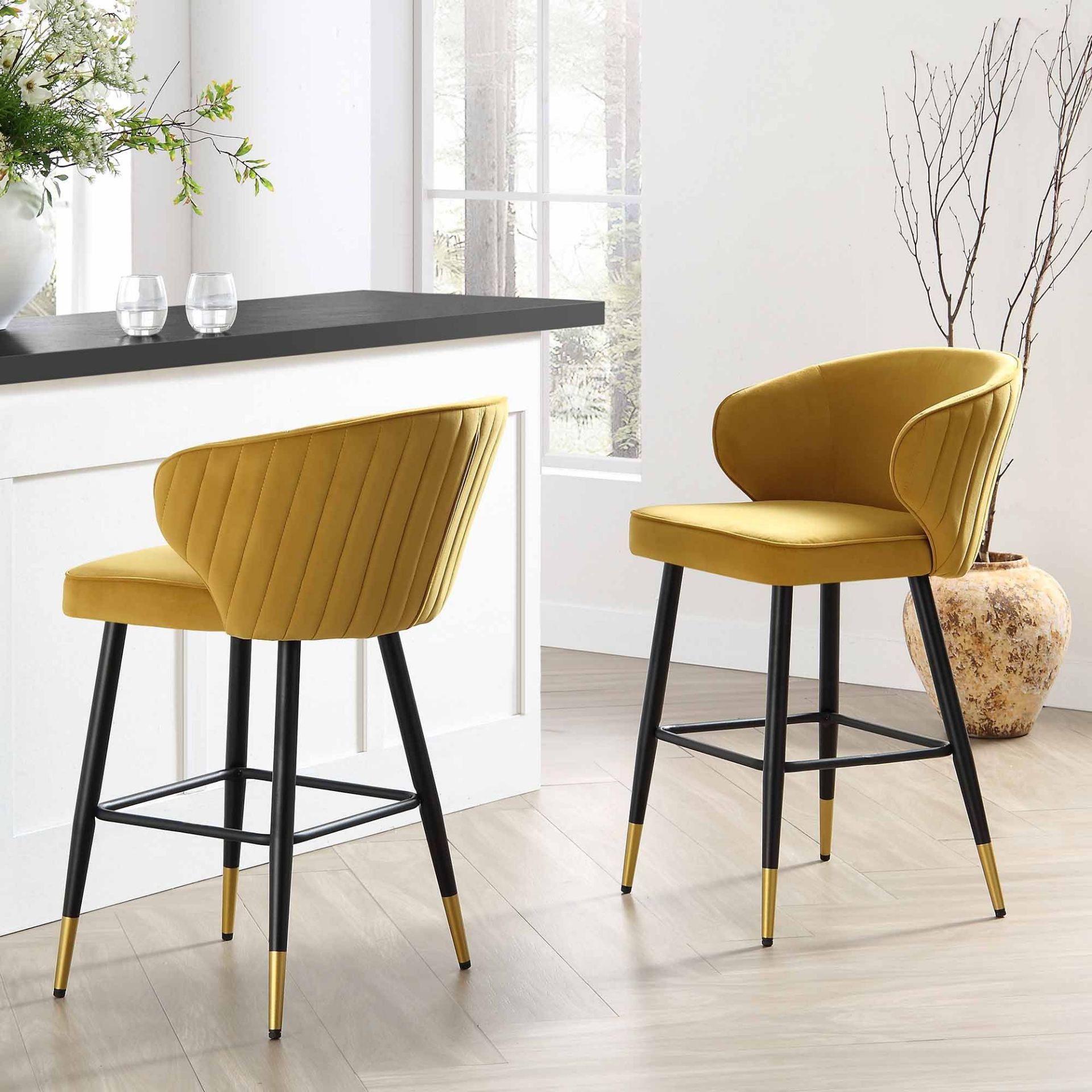 Langham Set of 2 Mustard Velvet Upholstered Carver Counter Stools. - ER29. RRP £259.99. Newly