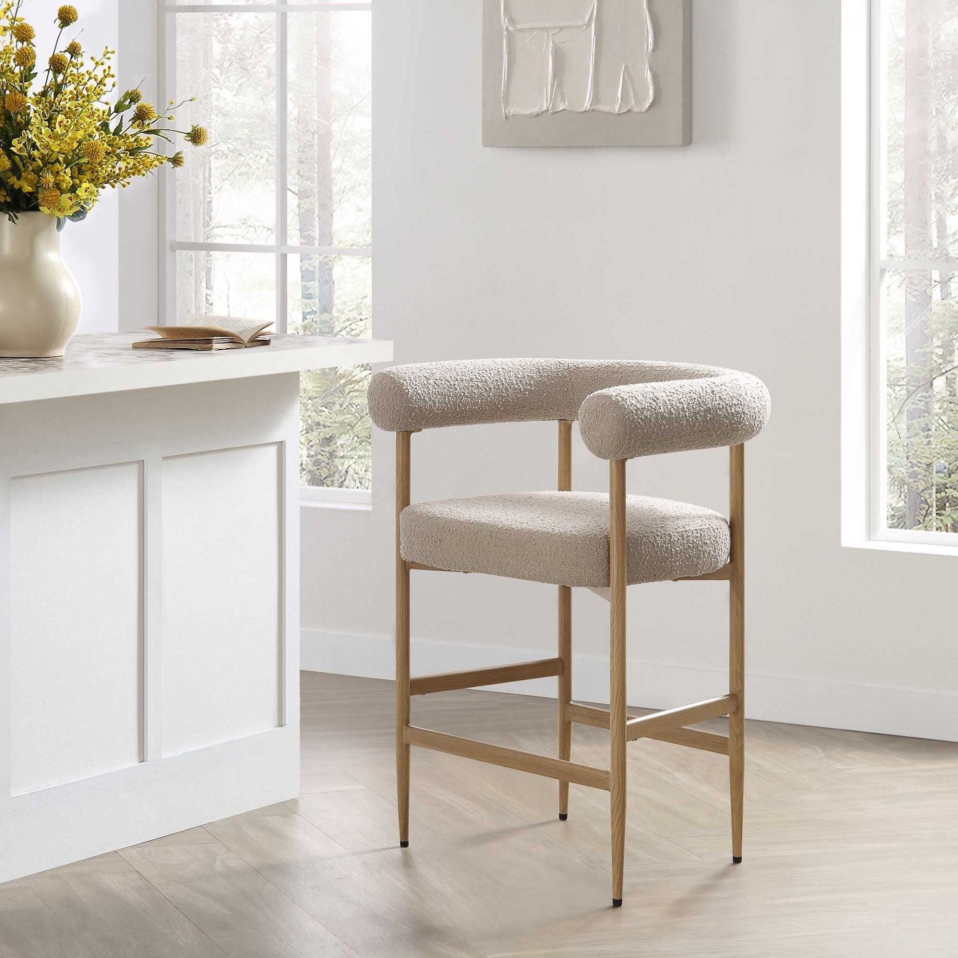 Fulbourn Taupe Boucle Counter Stool with Natural Wood Effect Legs. - ER29. RRP £199.99. A cheerful