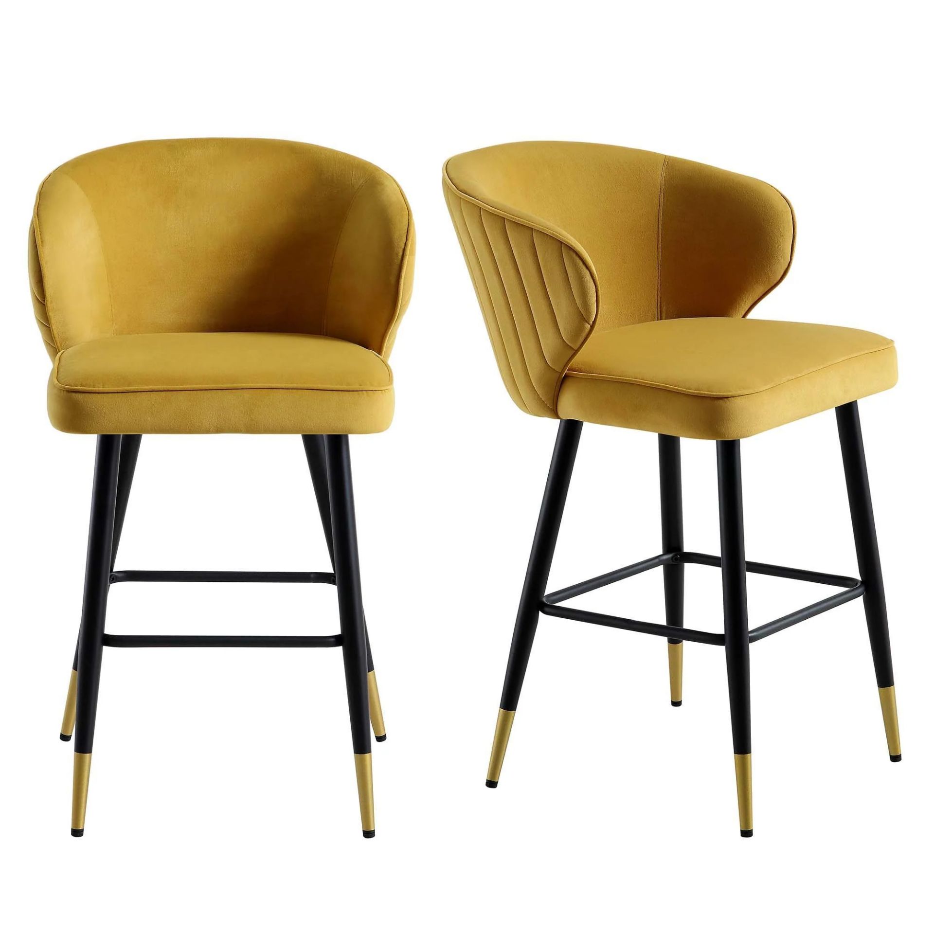 Langham Set of 2 Mustard Velvet Upholstered Carver Counter Stools. - ER29. RRP £259.99. Newly - Image 4 of 4