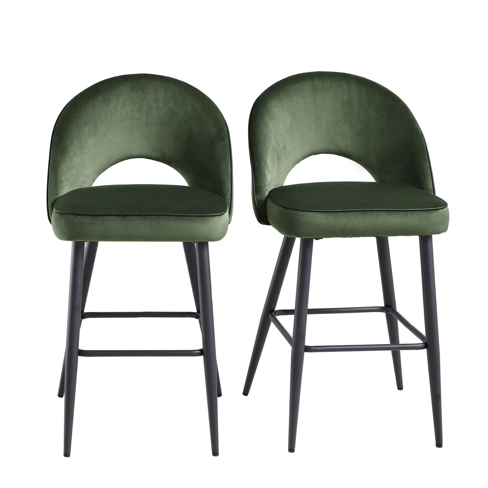 Oakley Set of 2 Dark Green Velvet Upholstered Counter Stools with Contrast Piping. - ER29. RRP £ - Image 2 of 4