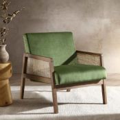 Fyne Moss Green Velvet Walnut Frame Rattan Armchair. - ER20. RRP £299.99. Crafted from solid wood,