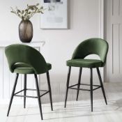 Oakley Set of 2 Dark Green Velvet Upholstered Counter Stools with Contrast Piping. - ER29. RRP £