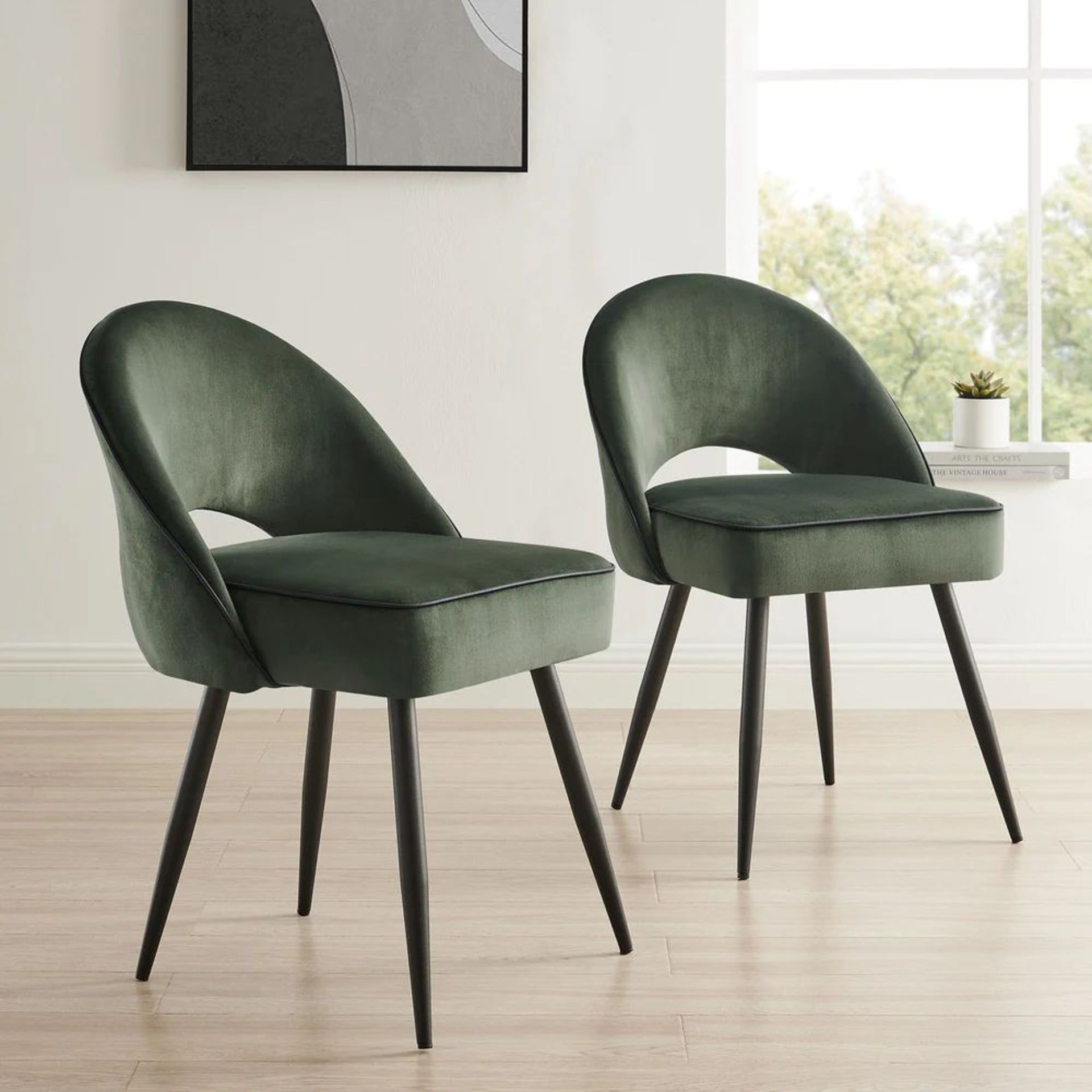 Oakley Set of 2 Dark Green Velvet Upholstered Dining Chairs with Contrast Piping. - ER29. RRP £289. - Image 3 of 4