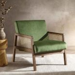 Fyne Moss Green Velvet Walnut Frame Rattan Armchair. - ER29. RRP £299.99. Crafted from solid wood,