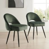 Oakley Set of 2 Dark Green Velvet Upholstered Dining Chairs with Contrast Piping. - ER29. RRP £289.