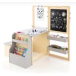 KIDS ART EASEL TABLE AND BENCH SET WITH ADJUSTABLE EASEL AND BOOKSHELF-GREY. - ER53. The