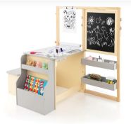 KIDS ART EASEL TABLE AND BENCH SET WITH ADJUSTABLE EASEL AND BOOKSHELF-GREY. - ER53. The
