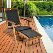 Patio Folding Rattan Lounge Chair Wooden Frame W/ Retractable Footrest. - ER53. Our patio deck chair