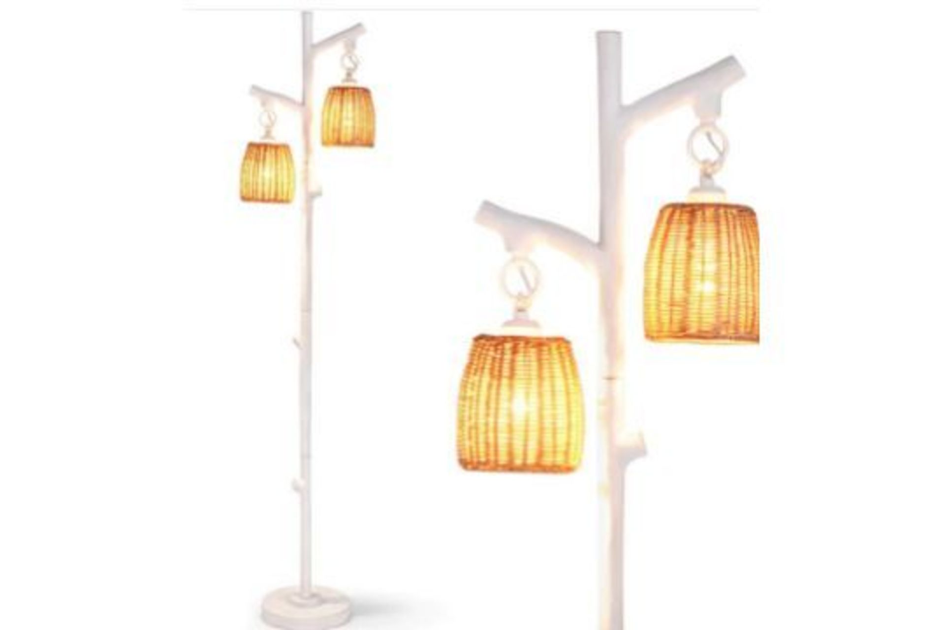 2 DIMMABLE LIGHT FARMHOUSE FLOOR LAMP WITH FOOT SWITCH WITH RATTAN STYLE-WHITE. - ER53. Designed