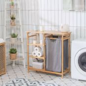 Bamboo Laundry Hamper Stand With Removable Sliding Bag And 3-Tier Open Shelves. - ER53.