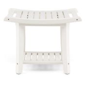 Waterproof Bath Stool With Curved Seat And Storage Shelf-White BA7859WH. - ER53. Made Of Hdpe