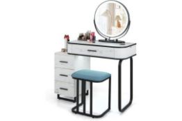 COSTWAY Dressing Table and Stool Set with 3-Color LED Lights Swivel Mirror, Charging Station,