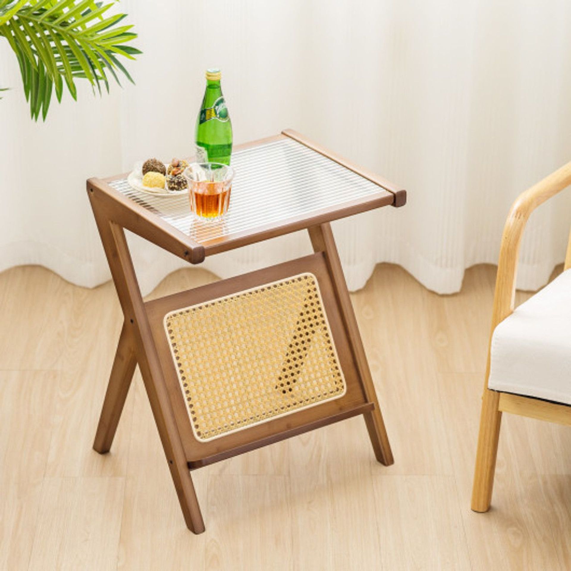 Boho End Table With Magazine Rack And Tempered Glass Top-Walnut. - ER53.