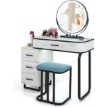 COSTWAY Dressing Table and Stool Set with 3-Color LED Lights Swivel Mirror, Charging Station,