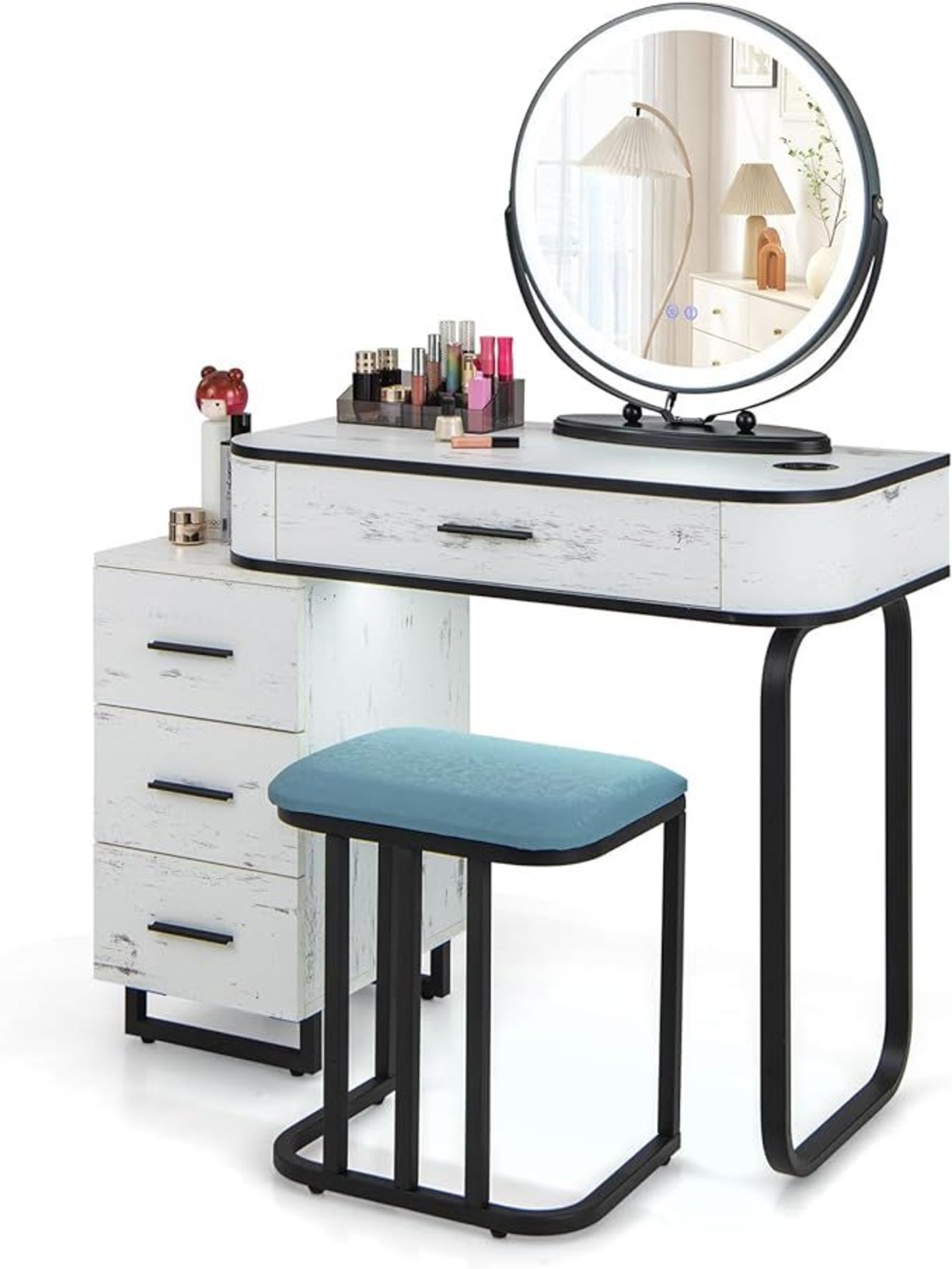 COSTWAY Dressing Table and Stool Set with 3-Color LED Lights Swivel Mirror, Charging Station,