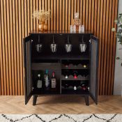 Barton Black Rattan Drinks Cabinet. - ER51. Contained within contemporary black rattan doors, our