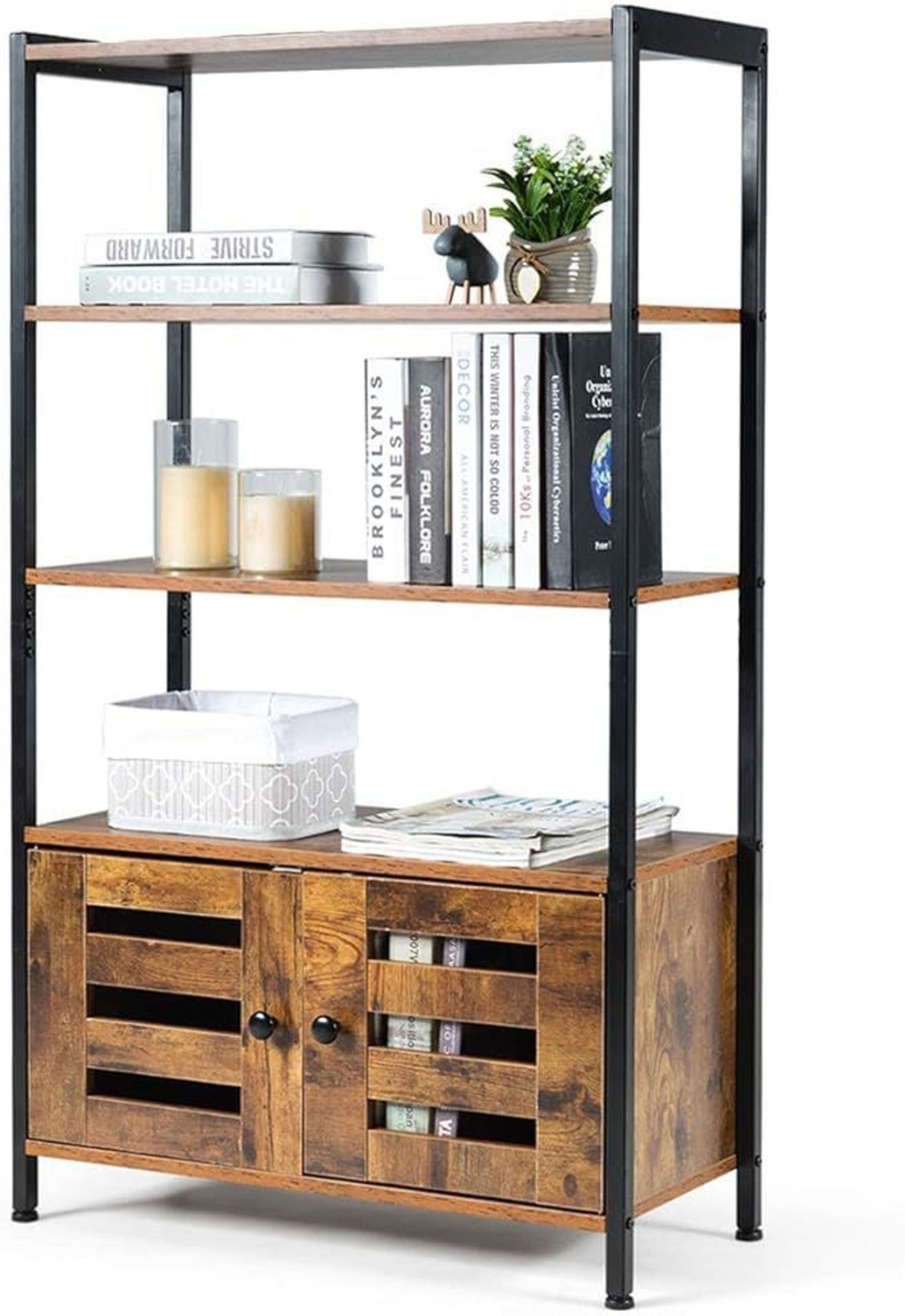 Industrial Bookshelf, Freestanding Storage Bookcase Cabinet with 4 Shelves and 2 Louvred Doors, - Image 2 of 2