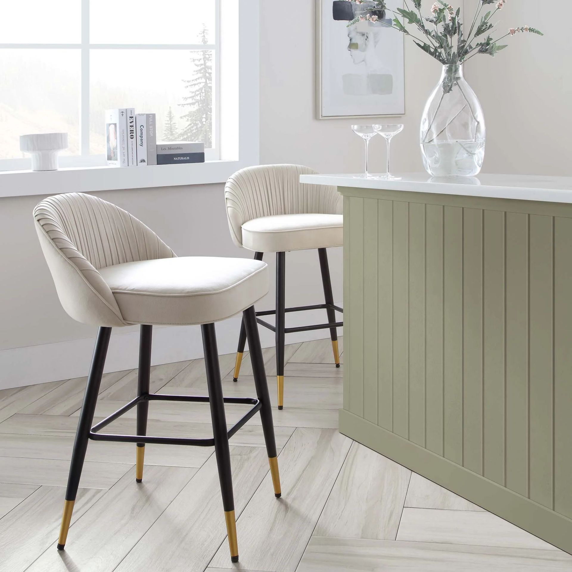 Miyae Set of 2 Pleated Champagne Beige Velvet Upholstered Counter Stools. - R14.3. Featuring - Image 2 of 2