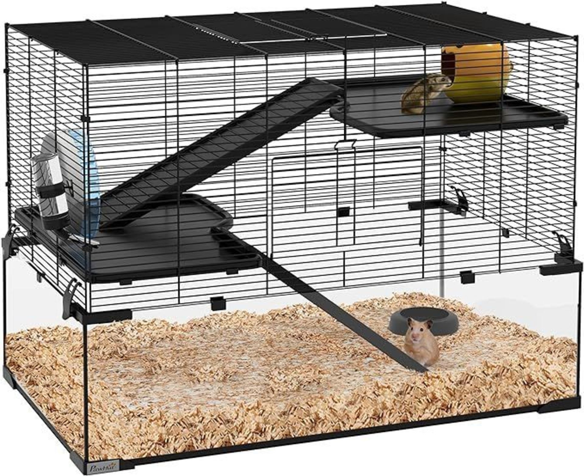 PawHut 3 Tiers Hamster Cage, Gerbil Cage with Deep Glass Bottom, Non-Slip Ramps, Platforms, Hut, - Image 2 of 2