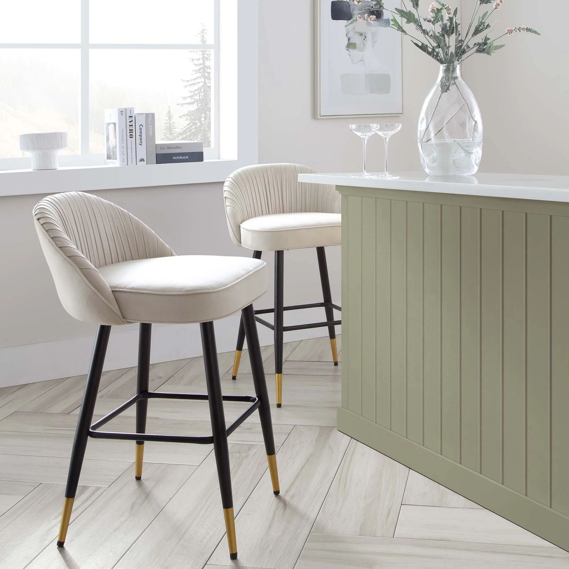 Miyae Set of 2 Pleated Champagne Beige Velvet Upholstered Counter Stools. - R14.3. Featuring