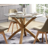 Lugano 110cm Round Glass Top Solid Oak Legs Dining Table. - ER26. RRP £429.99. Featuring four subtly